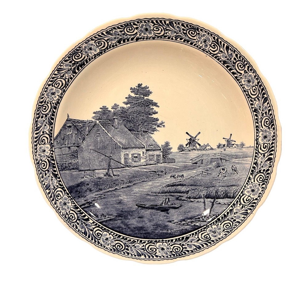 Vintage Delfts Boch 15 1/2 Windmill blue &WhiteCharger Platter/Plate